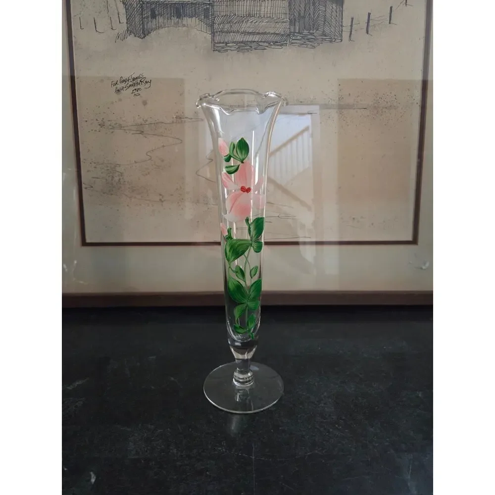 Vintage Bohemian Hand Painted Floral Glass Bud Vase 9.5